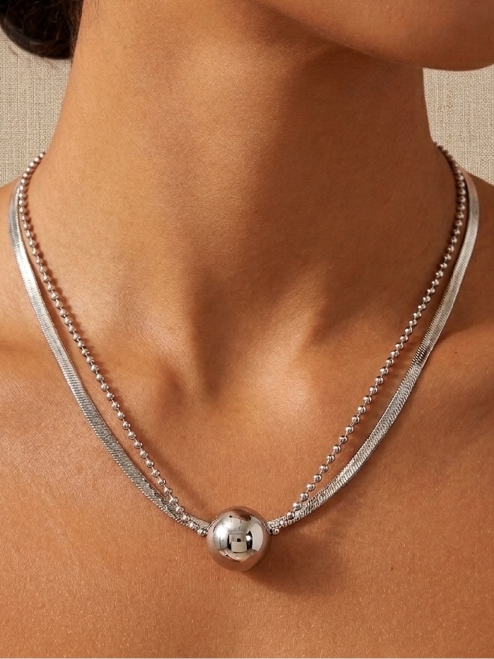 Double-Strand Silver Ball Pendant Necklace